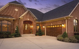 Classic Steel Garage Doors | Elegant short panel design with Tenton Short Windows in Ultra-Grain Cherry Finish